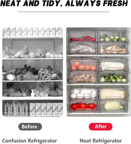 Vista 5 de Cajones de almacenamiento apilables, organizador extraíble transparente con asas y almohadillas antideslizantes para cocina, refrigerador