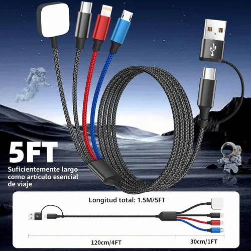 Vista 6 de Cruise Essentials Cable de Carga 4 en 2 para Cargador Apple iWatch/iPhone 17/Lightning/Micro, Cable Cord de Carga Múltiple de Viaje Compatible