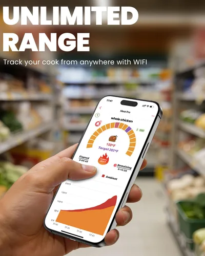 Vista 2 de UNERVER Termómetro inteligente inalámbrico Bluetooth para carne: precisión de ± 0.5 °F, 1 sonda con 6 sensores, termómetro digital WiFi con base