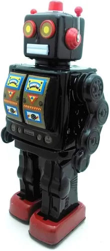Vista 2 de Charmgle Juguetes de lata retro robot para caminar, robot de escritorio eléctrico giratorio con sonido de pistola de fuego, colección para adultos