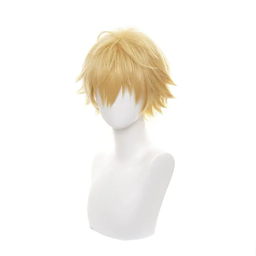 Vista 3 de Peluca de cosplay de anime para hombre de motosierra, peluca de cosplay Denji, pelucas cortas rizadas amarillas para hombres + gorra de peluca gratis