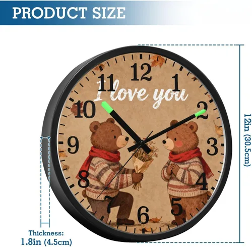 Vista 3 de Luminous Voice-Activated Wall Clocks Non-Ticking Silent Battery Operated Small Analog Clock I Love You Retro Bear Propose Brown 12 Inch Decorative