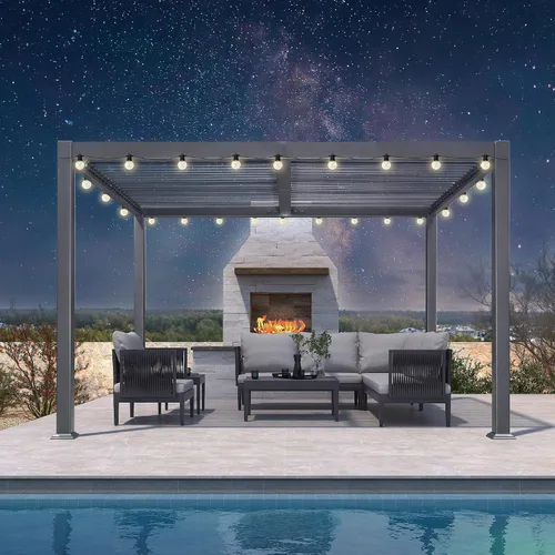 Vista 10 de Pérgola PURPLE LEAF con listones de 10 x 10 pies para exteriores con sistema de drenaje Gris (Grey Frame)