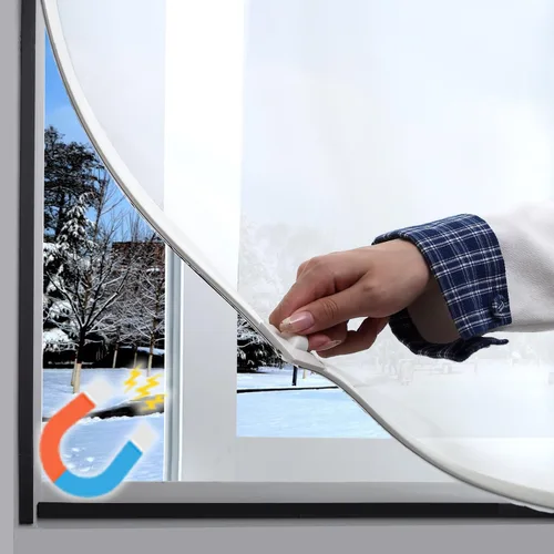 Vista 7 de Kit de aislamiento magnético para ventanas de bricolaje, película de película helada con marco blanco, tamaño máximo de 47" x 51", se adapta a