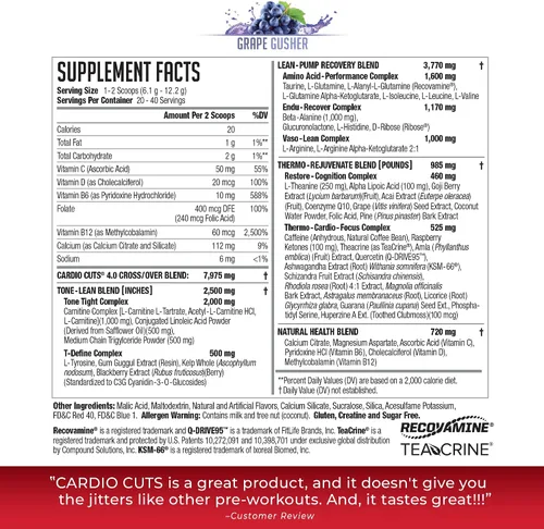 Vista 2 de NDS Nutrition Cardio Cuts 4.0 - Gusher de uva, 20 porciones (paquete de 1) Endurance, Performance & Metabolism Support Advanced Weight Loss