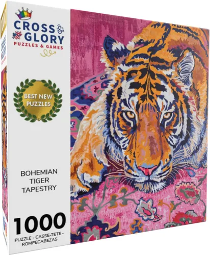 Vista 2 de Cross & Glory - Tapiz de tigre bohemio - Rompecabezas de 1000 piezas para adultos Diseño intrincado de alfombra marroquí Acabado satinado
