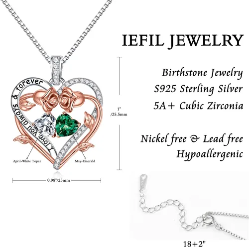 Vista 5 de Iefil Rose Heart Double Birthstone Necklace Gifts for Wife Girlfriend Her Women, Birthstone Jewelry Gemstone Birthday Gifts for Mom Grandma Her Wife