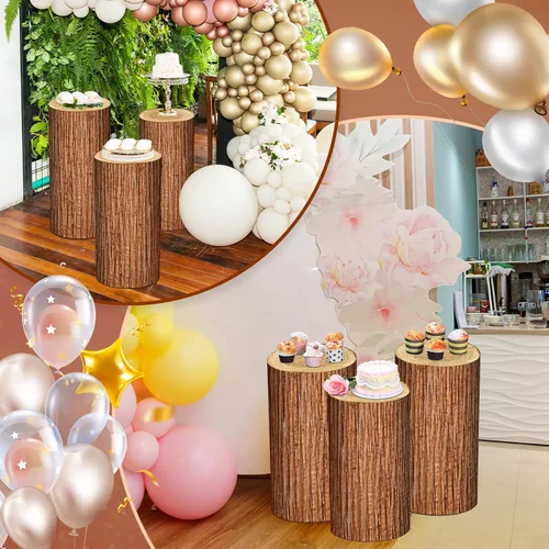 Vista 4 de FairySandy Juego de 5 fundas de soporte de cilindro con textura de madera, cubierta de pedestal de elastano para fiestas, bodas, baby shower