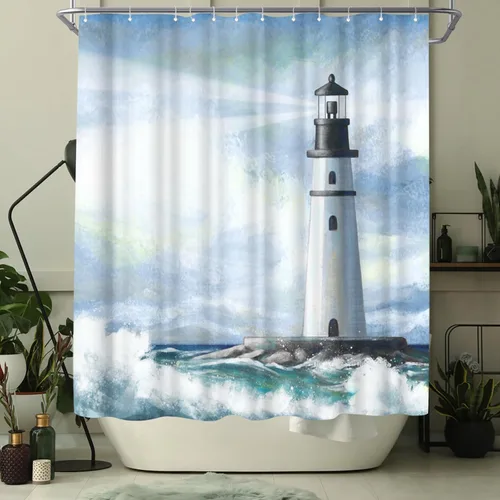 Vista 3 de WELMECO Cortina de ducha náutica, cortina de ducha con diseño de faro azul, tela de poliéster, 72 x 72 pulgadas
