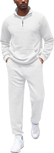 Vista 16 de COOFANDY Chándal para Hombre de 2 Piezas con Cremallera de un Cuarto Conjunto de Entrenamiento Jacquard a Cuadros para Trotar Verde militar