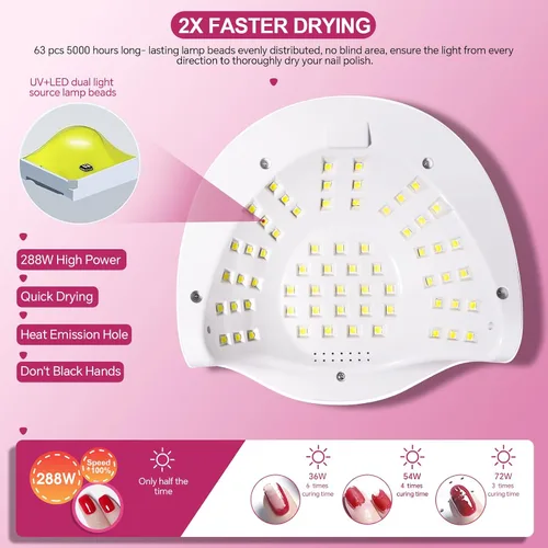 Vista 4 de WEVILI Lámpara de uñas UV LED profesional de 288W con 63 perlas - Secador de curado de gel más rápido para hogar y salón, sensor inteligente