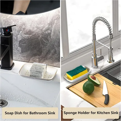 Vista 7 de Gomakren Jabonera para ducha, soporte de cerámica para jabón con diseño de panal, bandeja ahorradora de jabón para fregadero de cocina y baño, Beige