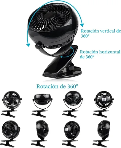 Vista 3 de Gazeled Ventilador de clip a batería, rotación de 360°, con 8 pilas AA gratis, ventilador silencioso USB o a batería, ventilador de clip portátil