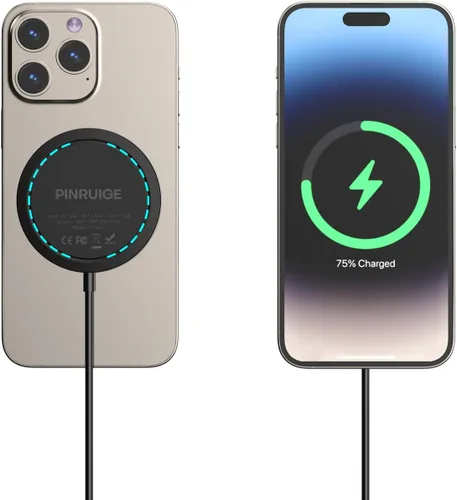 Vista 3 de Cargador inalámbrico, 6.5 pies/6.6 ft 15 W Max Fast Magnetic Wireless Charging Pad compatible con iPhone 16/15/14/13/12 con convertidor USB-A, negro