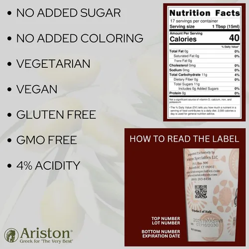 Vista 2 de Ariston "Lo Mejor de lo Mejor" Vinagre balsámico premium – Envejecido en barril, calidad gourmet, producto de Italia – Vegano, sin gluten, sin OGM