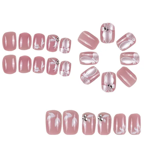 Vista 3 de 24 uñas postizas cortas a presión, color rosa RTKHFZE con diseño de mariposa blanca y diamantes de imitación, uñas postizas cuadradas de cobertura