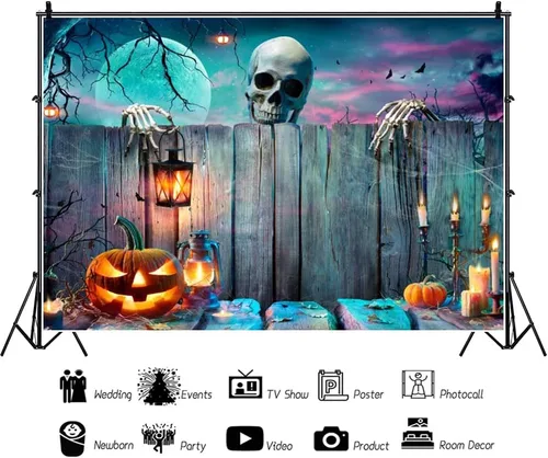 Vista 3 de Leyiyi Telón de fondo de Halloween de 5 x 3 pies para fotografía de esqueleto espeluznante vintage de pared de madera, para fotografía de pared