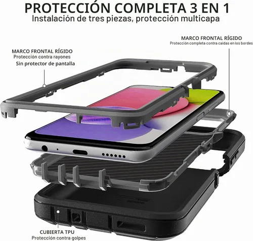 Vista 3 de Funda para teléfono Samsung Galaxy A03S, Galaxy A03S con 2 piezas de película nano a prueba de explosiones, 3 en 1, funda resistente a prueba