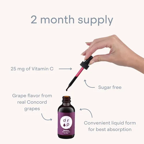 Vista 7 de Drop Saúco Gotas líquidas con vitamina C, 100 mg de saúco negro orgánico, apoyo inmunológico diario para niños y adultos, sabor natural a uva, sin