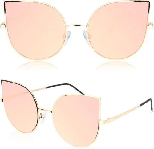 Vista 2 de SojoS SJ1022 anteojos de sol con lentes lisos y espejados con forma de ojos de gato, con marco de metal liviano y ultradelgado, para mujer