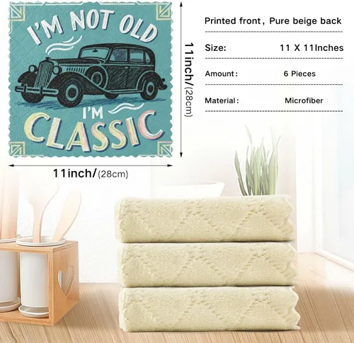 Vista 3 de Juego de 6 paños de cocina retro de los años 60 con estampado de automóvil brillante, toallas de cocina para la cocina, toallas brillantes