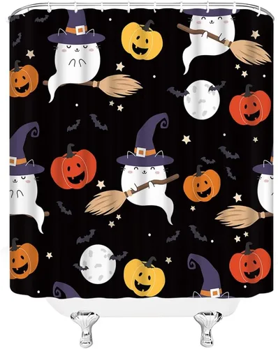 Vista 3 de Cortina de ducha de fantasmas de Halloween, diseño de bruja de dibujos animados, escoba fantasma, calabaza, murciélago, luna, divertida, bonita