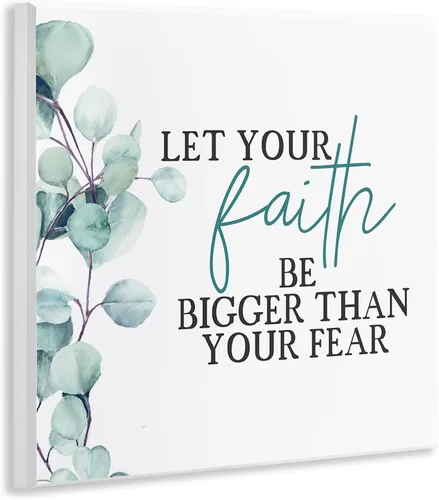 Vista 2 de Stupell Industries Faith Bigger Than Fear - Planta verde con cita espiritual, diseñada por Kim Allen Art, 12 x 12, placa de pared