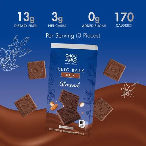 Vista 3 de ChocZero Corteza de almendras de chocolate con leche, sin azúcar añadida, baja en carbohidratos, alta fibra, apta para dieta cetogénica, sin