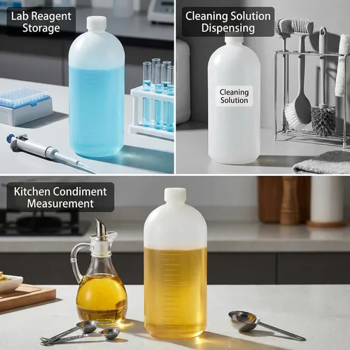 Vista 6 de Botella de plástico de 33.8 fl oz/34 oz de reactivo químico de laboratorio graduado botella de sellado de muestra con tapón interior a prueba
