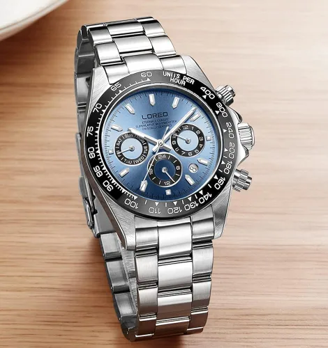 Vista 2 de LOREO Reloj automático para hombre de acero inoxidable plateado bisel de cerámica fecha militar buceo impermeable para hombre