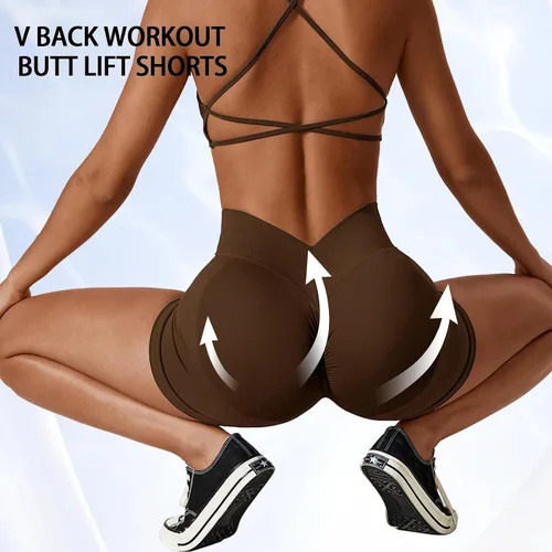 Vista 3 de Adisputent Pantalones cortos de gimnasio para mujer, sin costuras, con levantamiento de glúteos, pantalones cortos de entrenamiento para yoga