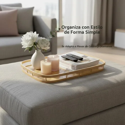 Vista 3 de PEMAR Juego de 4 bandejas de servir de mimbre de bambú para alimentos y bebidas, bandejas rectangulares para desayuno en la cama con asas, bandejas