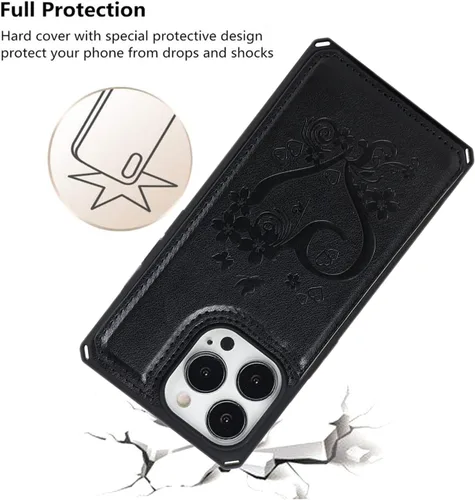 Vista 7 de iCoverCase Funda de billetera compatible con iPhone 13 Pro Max con tarjetero para mujer, cuero PU en relieve con bloqueo RFID y correa de muñeca