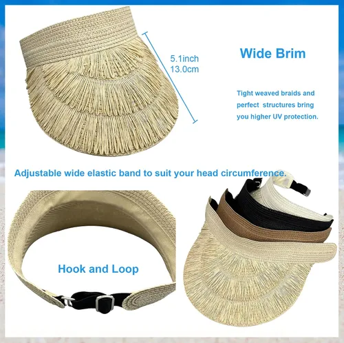 Vista 6 de Sombrero de paja con protección UV, visera de playa, sombrero de ala ancha, estampado de leopardo, enrollable, plegable para mujer