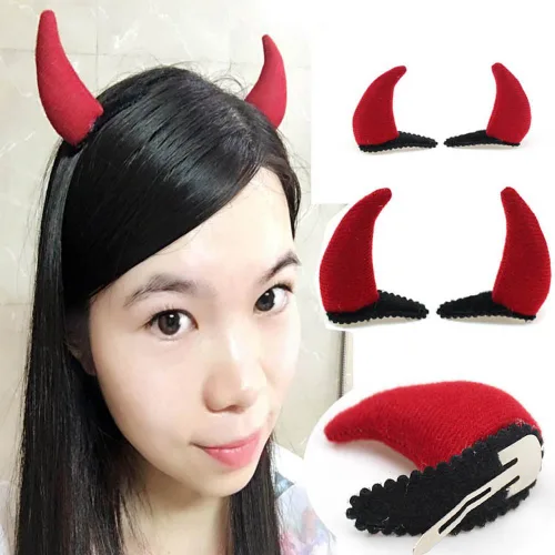 Vista 2 de Pinzas para el cabello con cuernos de diablo rojo, accesorios para el cabello para Halloween, disfraz de cosplay WJR06 (cuernos de diablo)