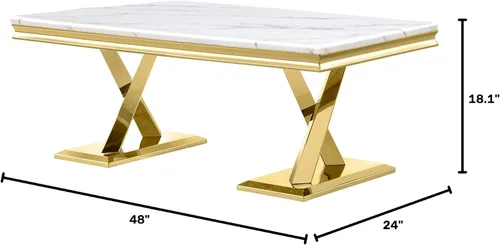 Vista 11 de ACEDÉCOR Mesa de centro dorada, mesa central de lujo para sala de estar con mesa blanca y base en X pulida dorada, mesa de té rectangular para sala