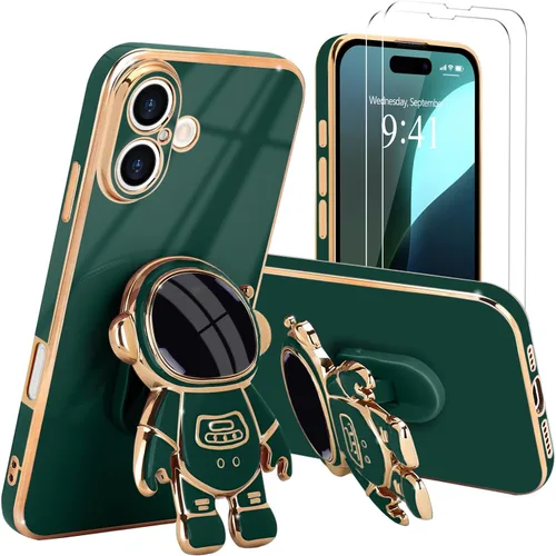 Vista 21 de Pepmune - Funda para iPhone 15 con soporte de astronauta 3D, color negro [2 Screen Protector], Luxury Electroplated Soft TPU Cover with Kickstand