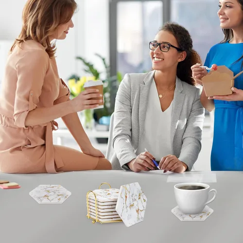 Vista 7 de Juego de posavasos de mármol para protección de mesa, 8 posavasos con soporte de metal, decoración del hogar, posavasos de bar