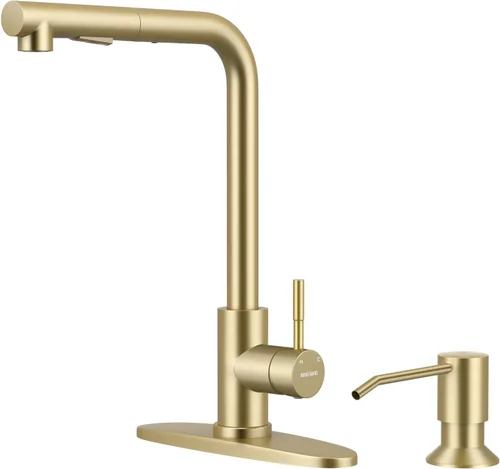 Vista 13 de WEWE Grifo de cocina de acero inoxidable de 14.5 pulgadas de alto con rociador extraíble, grifo de fregadero giratorio de 360° de níquel cepillado