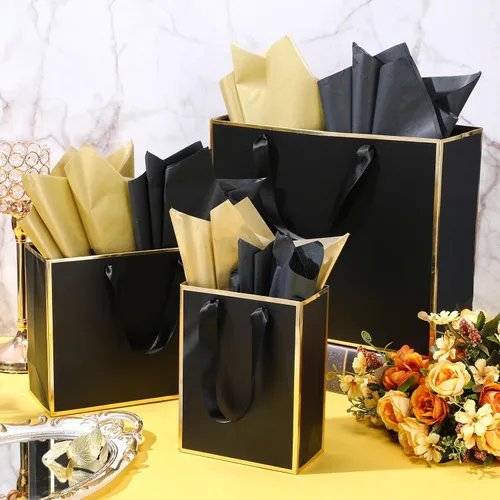 Vista 5 de Yeaqee 12 bolsas de regalo de papel metálico con asa, tamaño surtido, incluye 8, 10, 13 pulgadas, bolsa de regalo de agradecimiento de 5 sentidos