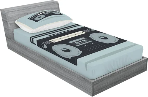 Vista 2 de Ambesonne Juego de sábanas bajeras y fundas de almohada Hip Hop, imagen clásica de los años 80 Boombox sobre garabatos, fondo retro, tema nostálgico