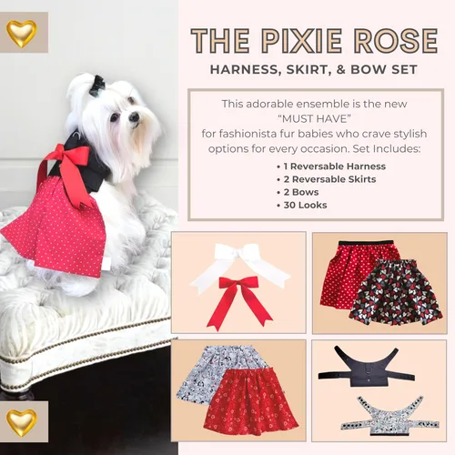 Vista 2 de El conjunto de arnés, falda y lazo Pixie Rose es la fabulosa adición a la moda para el armario de tu perro, talla S.