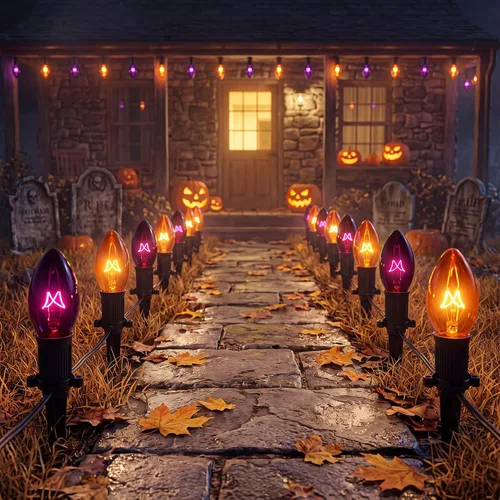 Vista 17 de Luces de estaca C7 de Halloween con calavera, 7 pies, cadena de luces de camino de Halloween con 4 bombillas C7, estaca, decoraciones de Halloween