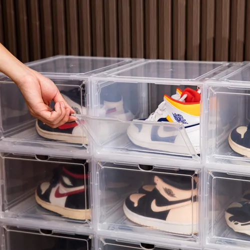 Vista 6 de HIYOHIYO Cajas de zapatos apilables de plástico transparente tamaño 14, contenedores magnéticos para zapatos, caja de almacenamiento plegable