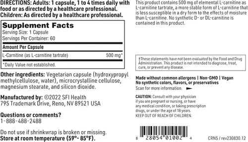 Vista 6 de Klaire Labs SFI Health L-Carnitina Tartrato - 500 mg de aminoácidos, L-carnitina estabilizada - Sin D-carnitina sintética (60 cápsulas)
