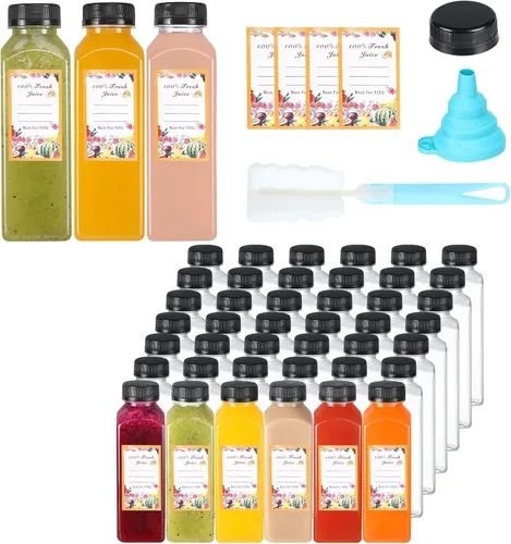Vista 8 de Dabacc Botellas de jugo, 45 piezas de 8 onzas de botellas de plástico con tapas herméticas reutilizables, contenedores de agua transparentes vacíos