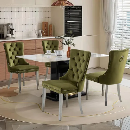 Vista 69 de Juego de 2 sillas de comedor tapizadas de tela de lino, sillas de cocina modernas de mediados de siglo con respaldo alto, ribete de cabeza de clavo