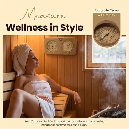 Vista 8 de Termómetro e higrómetro de sauna 2 en 1 - Hecho a mano con madera de cedro rojo canadiense - Medidor analógico de temperatura y humedad - Fahrenheit