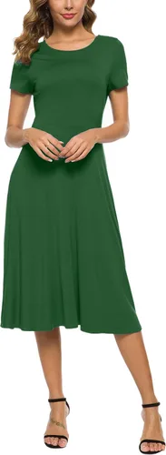Vista 2 de EXCHIC Vestido midi de verano de manga corta con cuello redondo para mujer