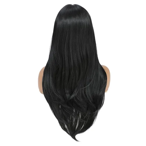 Vista 2 de SWACC Peluca de pelo sintético con flequillo largo en capas para mujeres con gorra de peluca (negro)